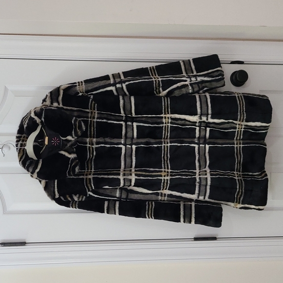 ISAAC MIZRAHI LIVE Faux Fur Dress Coat plaid, long Sz L - Picture 3 of 8